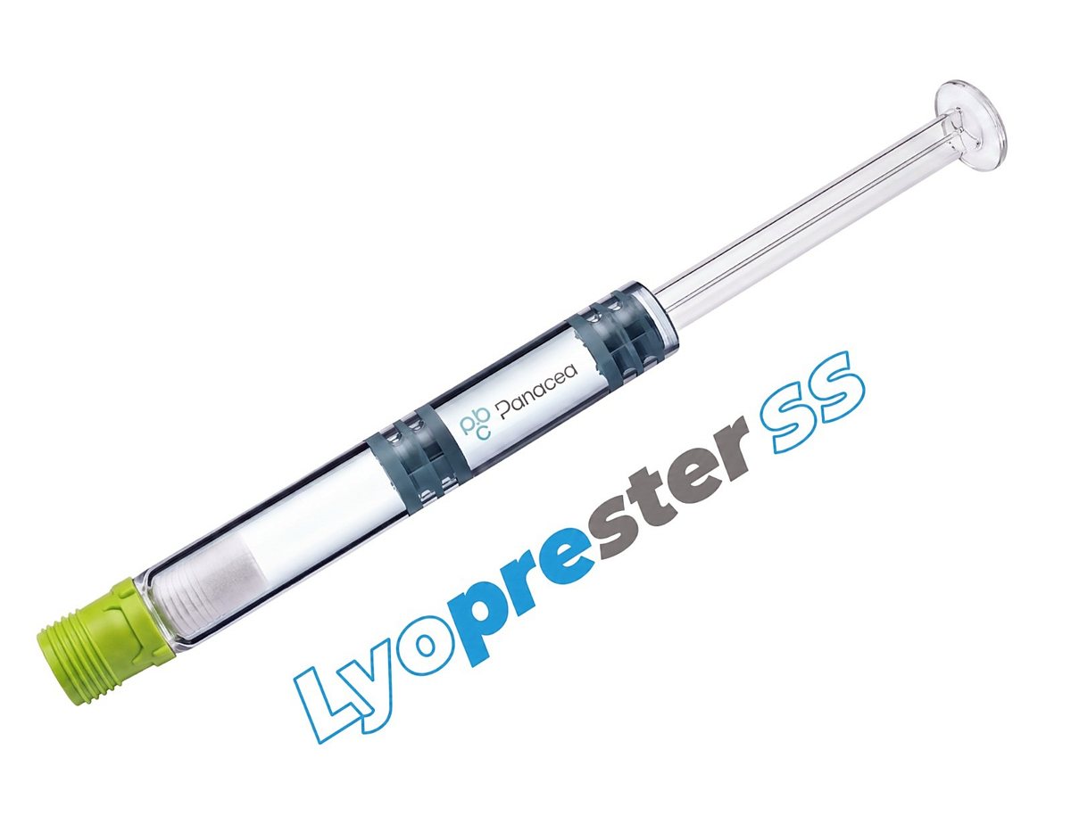 Lyoprester SS single-shot dual-chamber cartridge — the format PruNAD+ comes in, product photograph — Panacea Bio Chem, Bogdan Dicoias